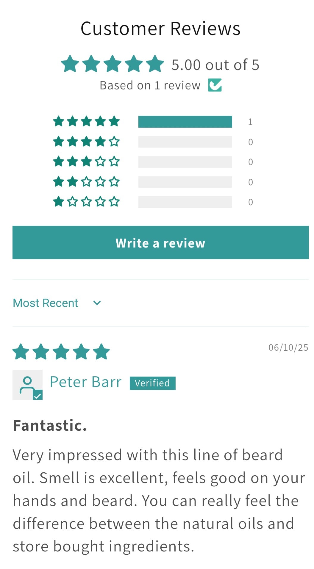 Customer 5 STAR review, that reads "Fantastic, Very Impressed with this line of Beard oil"