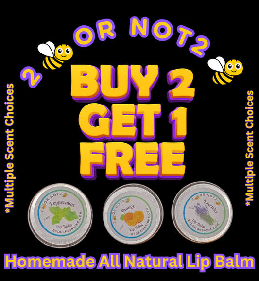 Promotional image for homemade all natural lip balm with text offering a buy 2 get 1 free deal and multiple scent choices. Includes images of three lip balm tins with different labels.