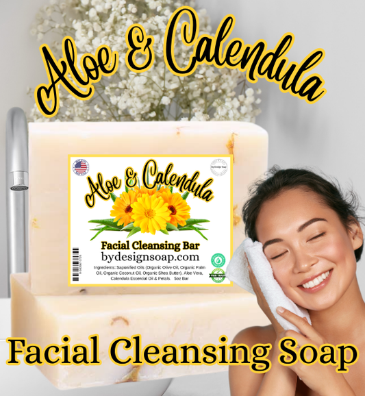 Image of a Aloe and Calendula Facial cleansing soap bar and an image of a young woman using a washcloth with decorative flowers in the background.