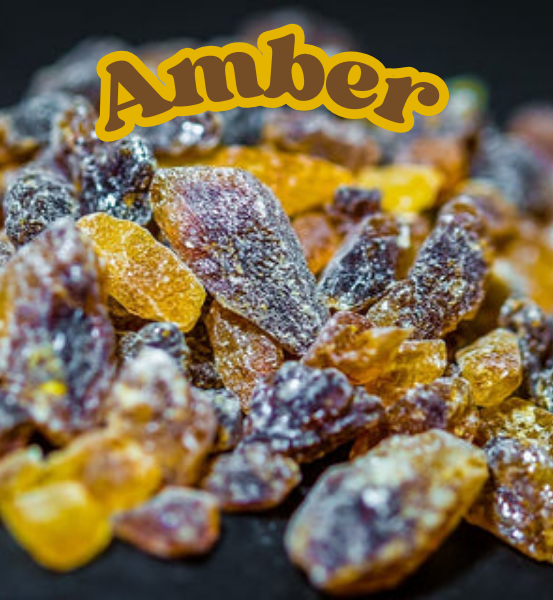 Close-up of amber stones with 'Amber' text overlay on a dark background.