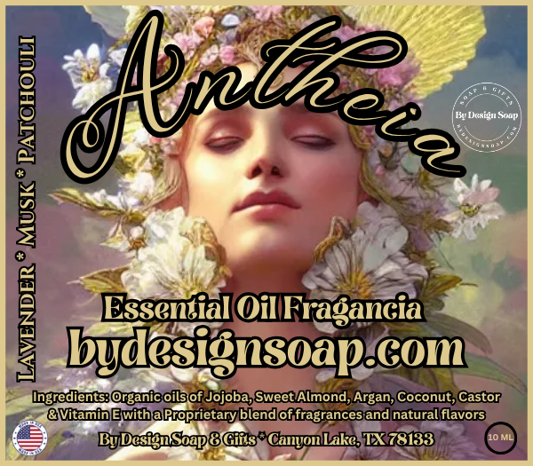Advertisement for 'Antheia' essential oil fragrance with the image of a woman's face surrounded by a floral design. Made in the USA label