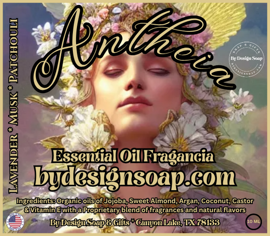 Advertisement for 'Antheia' essential oil fragrance with the image of a woman's face surrounded by a floral design. Made in the USA label