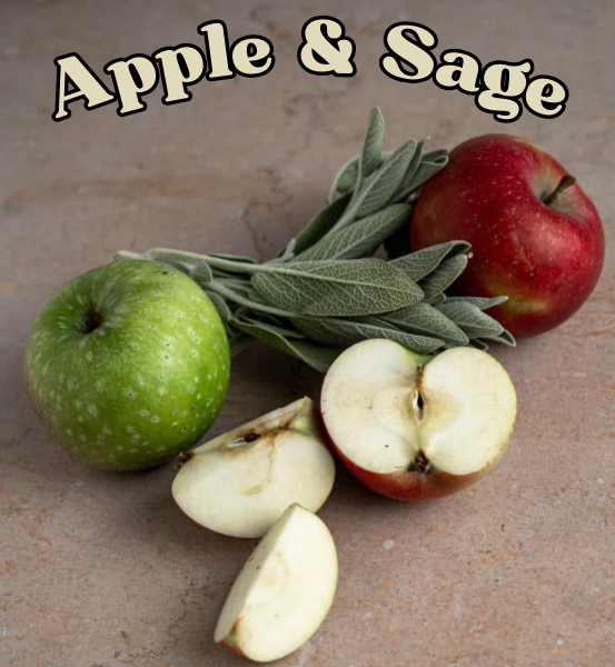 Image of green and red Apples with sage leaves on a textured surface with the text 'Apple & Sage' 