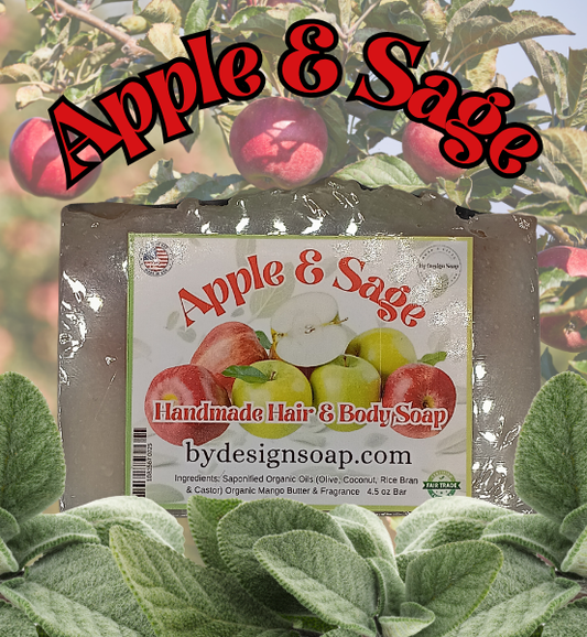 Advertisement for 'APPLE AND SAGE Handmade hair and body soap bar with a background of an apple tree and green leaves in the foreground. MADE IN THE USA LABEL.
