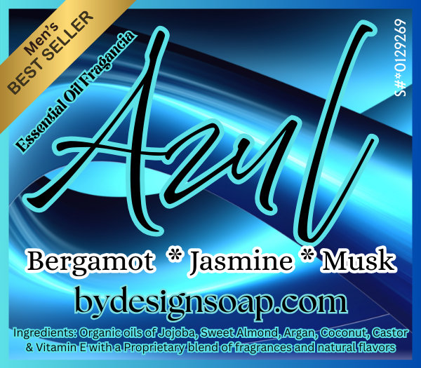 Black and blue text stating Azul essential oil fragrance on radiant blue background with text detailing bergamot, jasmine and musk ingredients and gold best seller label.