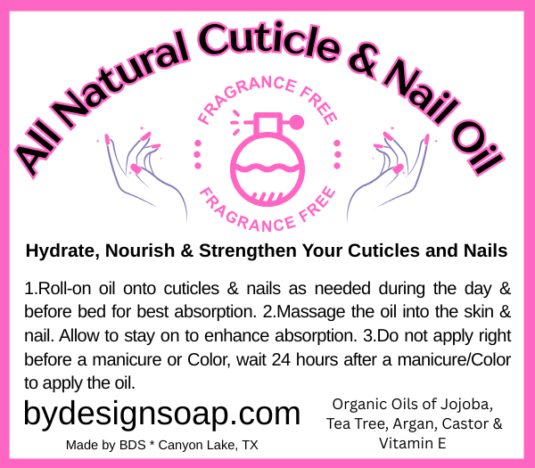 Advertisement for 'All Natural Cuticle & Nail Oil' with text stating Hydrate, Nourish and Strengthen Your Cuticles and Nails on a white background.
