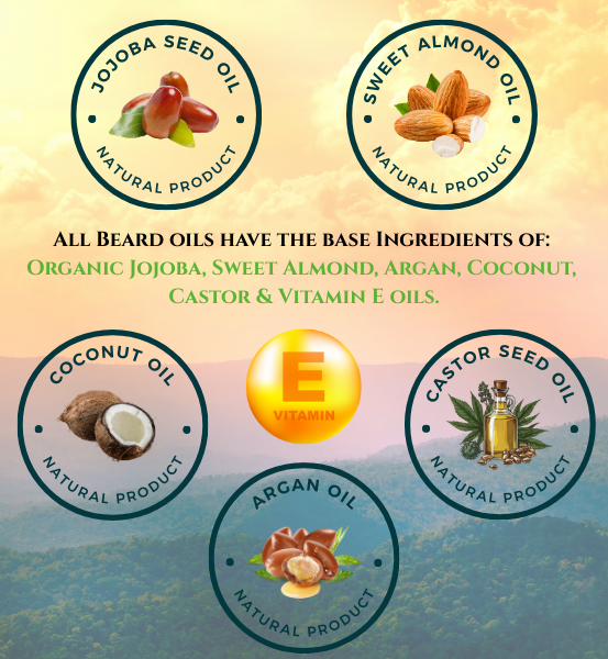 Illustration of natural beard oil ingredients including jojoba seed oil, sweet almond oil, coconut oil, argan oil, castor oil, and vitamin E on a gradient background.