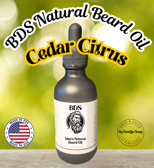 Advertisement for 'Cedar Citrus' Natural Beard Oil on a blurred green background. Made in the USA label.