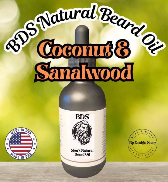 Advertisement for 'Coconut and Sandalwood' Natural Beard Oil on a blurred green background. Made in the USA label.