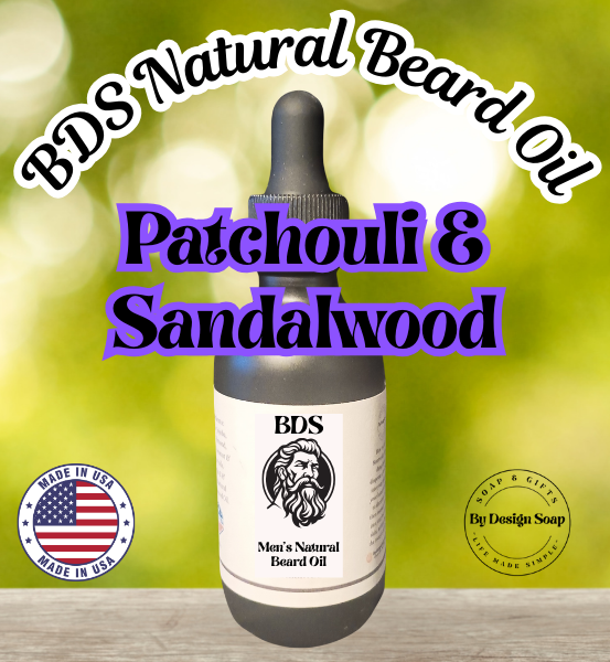 Advertisement for 'Patchouli and Sandalwood' Natural Beard Oil on a blurred green background. Made in the USA label.
