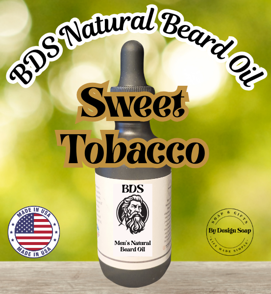 Image of a Bottle of BDS Natural Beard Oil Sweet Tobacco flavor on a wooden surface with a blurred green background and a made in the USA label.