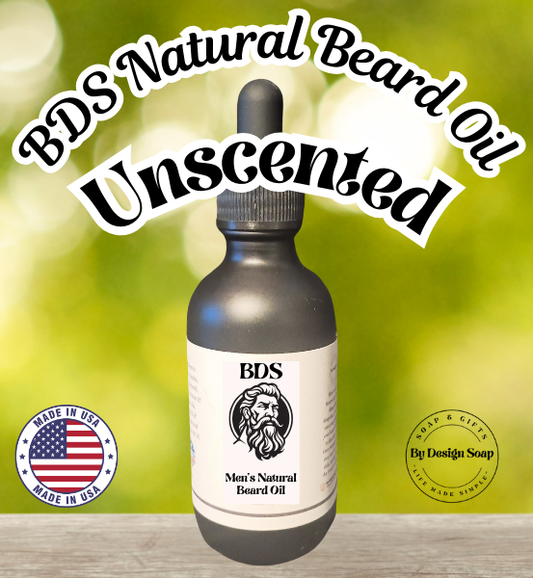 Advertisement for 'Unscented' Natural Beard Oil on a blurred green background. Made in the USA label.