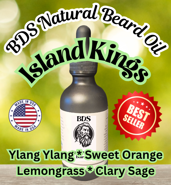 Image of a Bottle of BDS Natural Beard Oil with the text Island Kings and the ingredients, Ylang Ylang, Sweet Orange Lemongrass and Clary Sage the the labels Made in the USA and Best Seller.