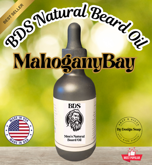 Advertisement for 'MahoganyBay' Natural Beard Oil on a blurred green background with the text BEST SELLER and Made in the USA label.