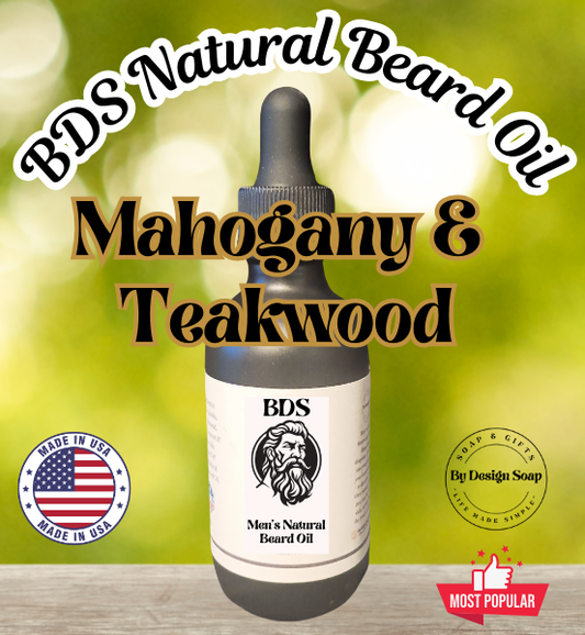 Advertisement for 'Mahogany & Teakwood' Natural Beard Oil and the Made in the USA label.