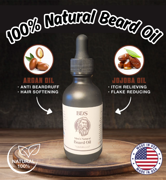 Image of a dark grey bottle with the text 'One hundred percent Natural Beard Oil made with Argan and Jojoba oil on a wooden slab with a dark grey background. Made in the USA label.