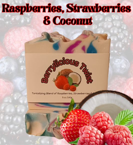 Advertisement for 'Berrylicious Twist' handmade soap with the text Raspberries, Strawberries, and Coconut and the image of raspberries, strawberries, and coconut in the foreground.