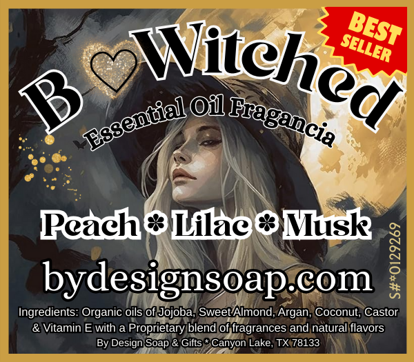 Black text stating Bewitched essential oil fragrance with a whimsical scene  background of a young beautiful witch and text detailing Peach, Lilac and musk ingredients and a red best seller label.