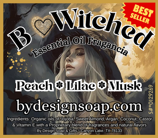 Black text stating Bewitched essential oil fragrance with a whimsical scene  background of a young beautiful witch and text detailing Peach, Lilac and musk ingredients and a red best seller label.