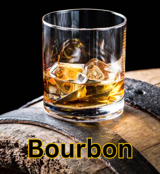 Glass of bourbon with ice cubes on a wooden barrel and the text 'Bourbon'