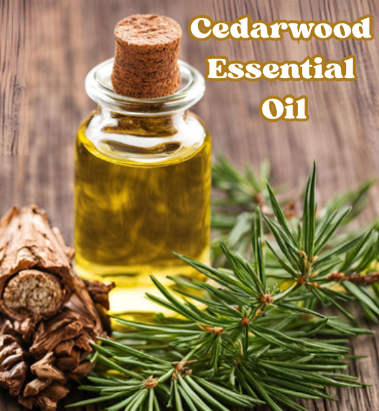 Bottle of cedarwood essential oil with a cork lid, surrounded by cedarwood and pine needles on a wooden background with the text 'Cedarwood Essential Oil'.