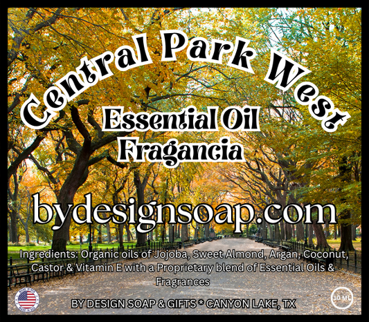 Advertisement for 'Central Park West' Essential Oil Fragrance made with Jojoba, Sweet Almond, Argan, Coconut and Castor Organic oils, with a scenic background of Central Park. MADE IN THE USA LABEL