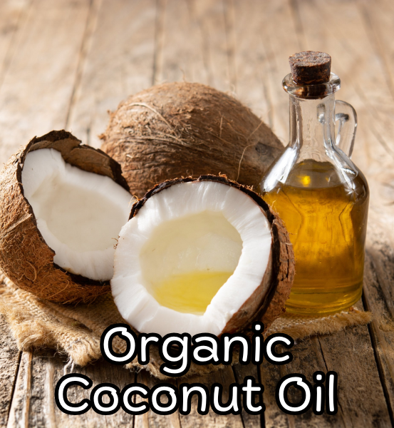 Coconut halves and a bottle of coconut oil on a wooden surface with 'Organic Coconut Oil' text.