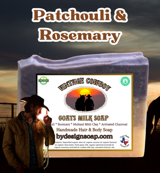 Goats milk soap bar with the 'Vintage Cowboy' label made with Patchouli and Rosemary, against a dark background with a Silhouette of a Cowboy. Made in the USA label.
