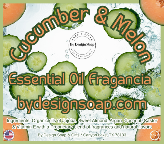 Advertisement for 'Cucumber and Melon Essential Oil Fragrance with a background of cucumber slices and melon slices. MADE IN THE USA LABEL.