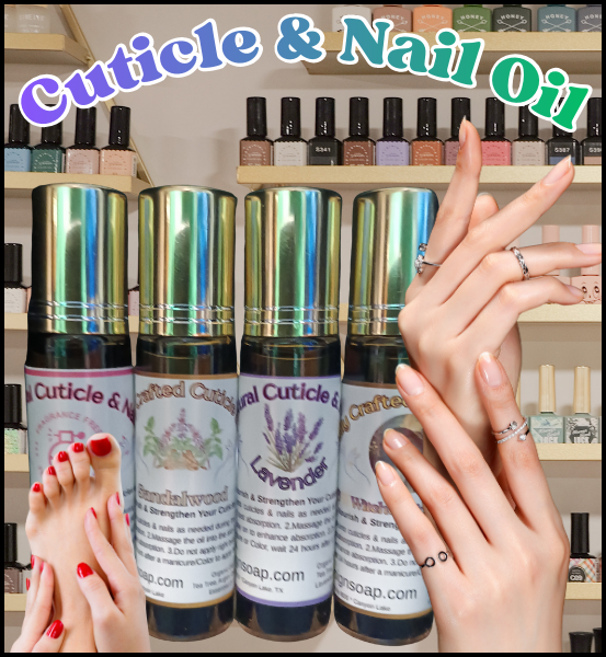 Cuticle and nail oil bottles with hands and feet in the foreground, and shelves with nail polish in the background.