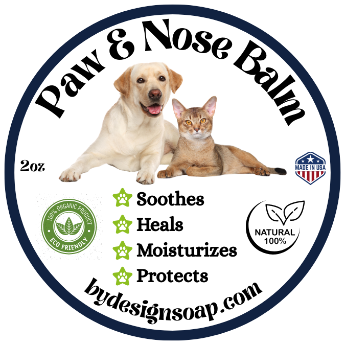 Paw and Nose Balm label with the image of a dog and cat with the benefits of SOOTHES, HEALS, MOISTURIZES and PROTECTS.
