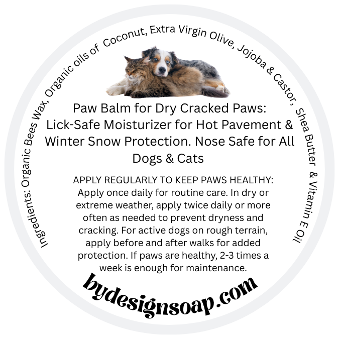 Label for paw balm for dogs and cats with a dog and cat illustration, product description, and branding information.