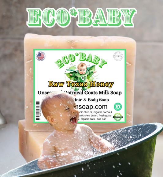 Advertisement for 'Eco-Baby' Oatmeal goats milk soap made with 'Raw Texas Honey with the image of a baby bathing in a bathtub against a neutral background. Made in the USA label.
