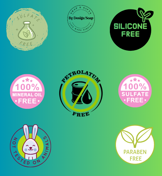 Collection of natural product labels stating Silicone Free, Sulfate Free, Paraben Free, Petrolatum Free, Mineral Oil Free, Not Tested on Animals, on a gradient green background