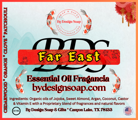 Advertisement for 'Far East' essential oil fragrance with the image of Koi fish in the background. Made in the USA label.