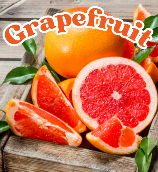 whole Grapefruit with Grapefruit slices on a wooden surface, labeled 'Grapefruit'.