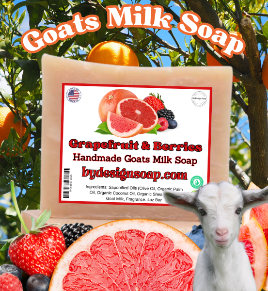 Goats Milk Soap bar with the 'Grapefruit and Berries label, surrounded by fruits and a goat and the Made in the USA label.
