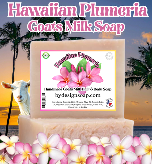 Advertisement for 'Hawaiian Plumeria' Handmade Goats Milk Soap with a scenic background featuring palm trees and flowers.