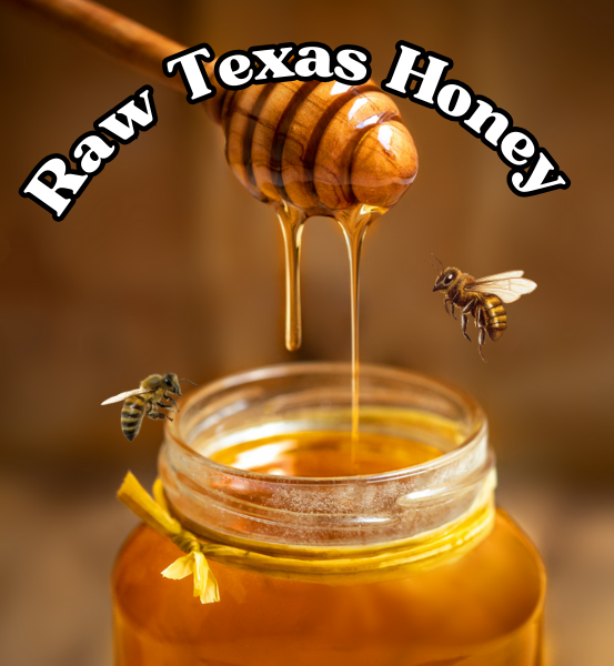 Image of a Jar of honey with a wooden dipper dripping honey, surrounded by bees, on a warm brown background with the text 'Raw Texas Honey' 