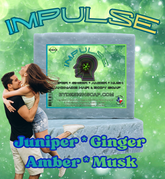 Advertisement for 'Impulse' Soap bar with 'Impulse' text, and a couple embracing on a green background with the words Juniper, Ginger, Amber and Musk.