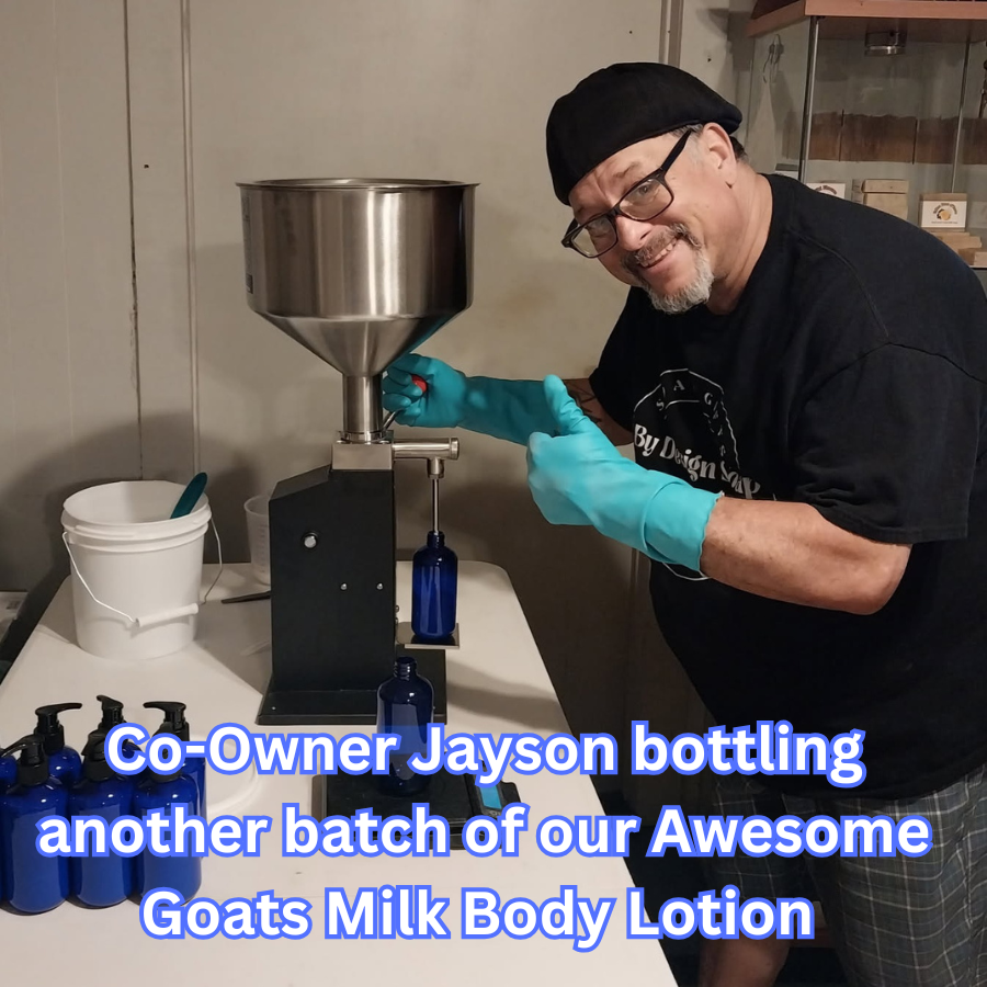 Image co-owner Jayson Pana bottling a batch of their homemade Goats Milk Body Lotion.