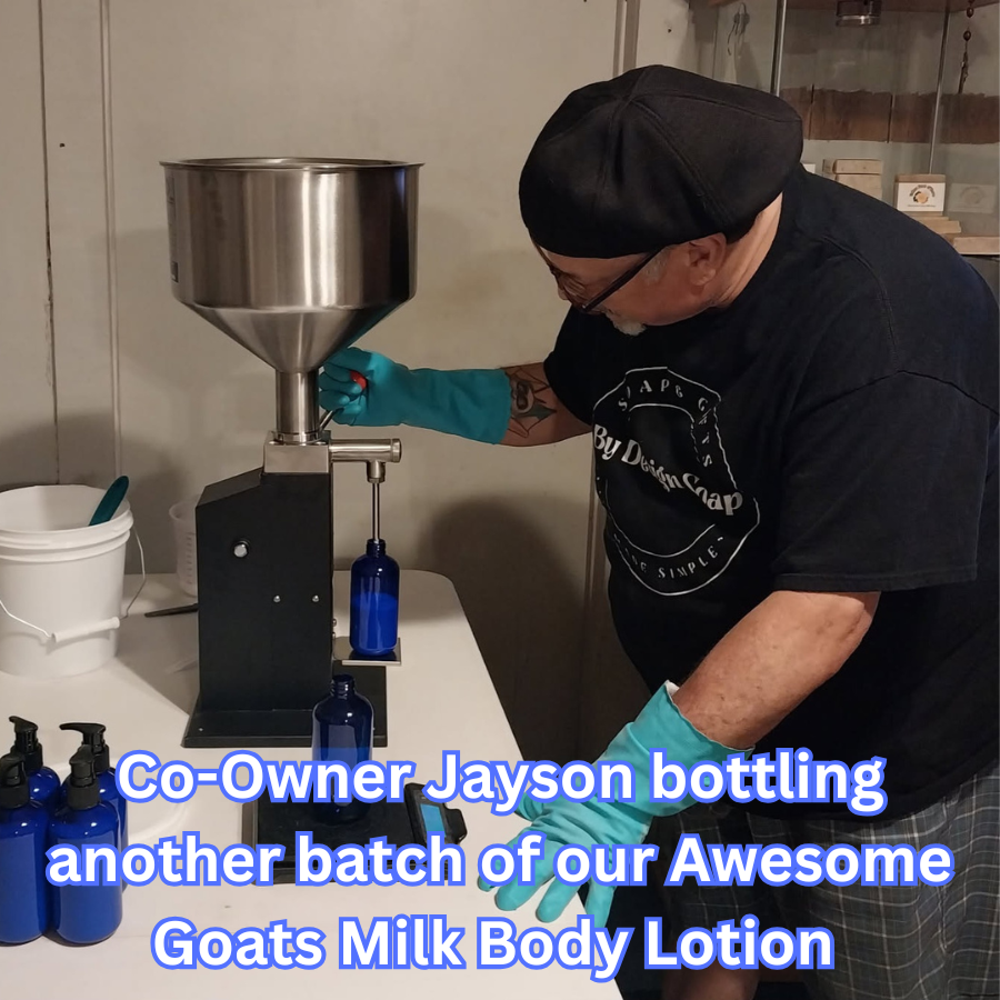 Image co-owner Jayson Pana bottling a batch of their homemade Goats Milk Body Lotion.