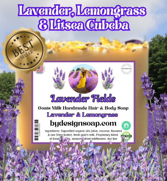 Advertisement for 'Lavender Fields' handmade goats milk soap for hair & body, made with lavender, lemongrass, and litsea cubeba scents, surrounded by lavender flowers. Best seller gold label.