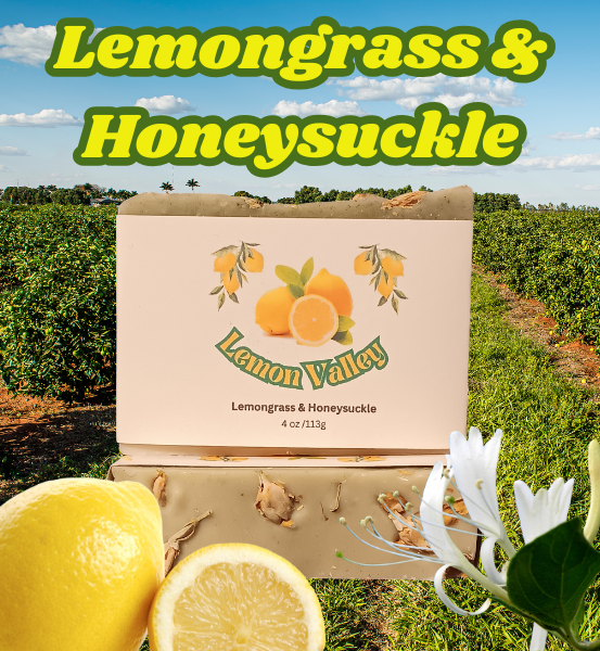 Advertisement for 'Lemon Valley' soap with Lemongrass & Honeysuckle and the image of lemons and honeysuckle flowers in the foreground, and a field of lemons in the background.