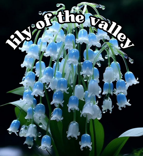 Bouquet of lily of the valley flowers with water droplets on a dark background and the text 'Lily of the Valley.