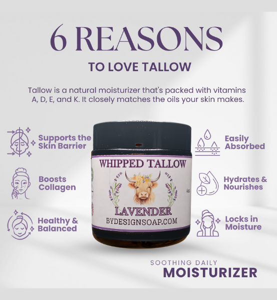 Image of a jar of Whipped tallow moisturizer with lavender scent on a white background, featuring text about the six reasons to love Tallow.
