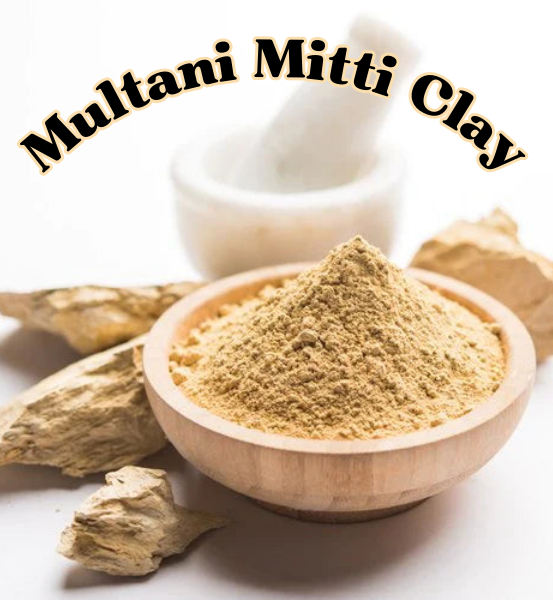 Image of Wooden bowl filled with Multani Mitti Clay on a white background and the text "Multani Mitti Clay.