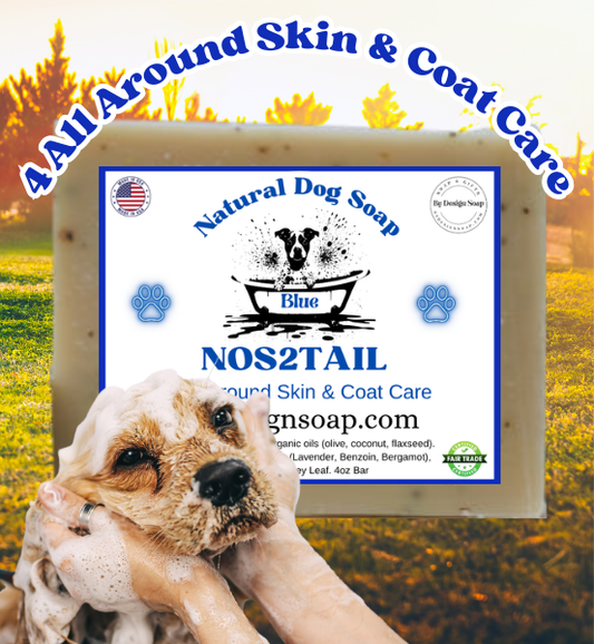 Advertisement for 'NOS2TAIL' natural dog soap with an image of a dog being bathed and the text 'For all around skin and coat care. Made in the USA label.