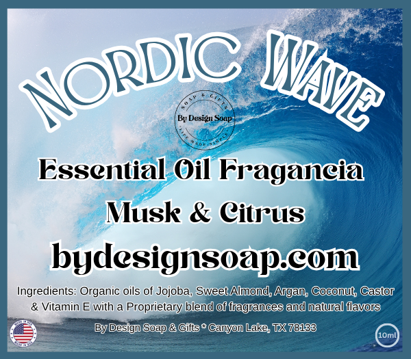 Advertisement for Nordic Wave essential oil fragrance with Musk and Citrus and the Made in the USA label.