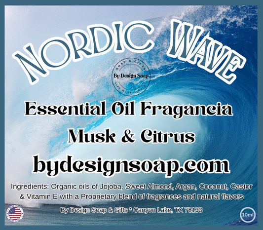 Advertisement for Nordic Wave essential oil fragrance with Musk and Citrus and the Made in the USA label.